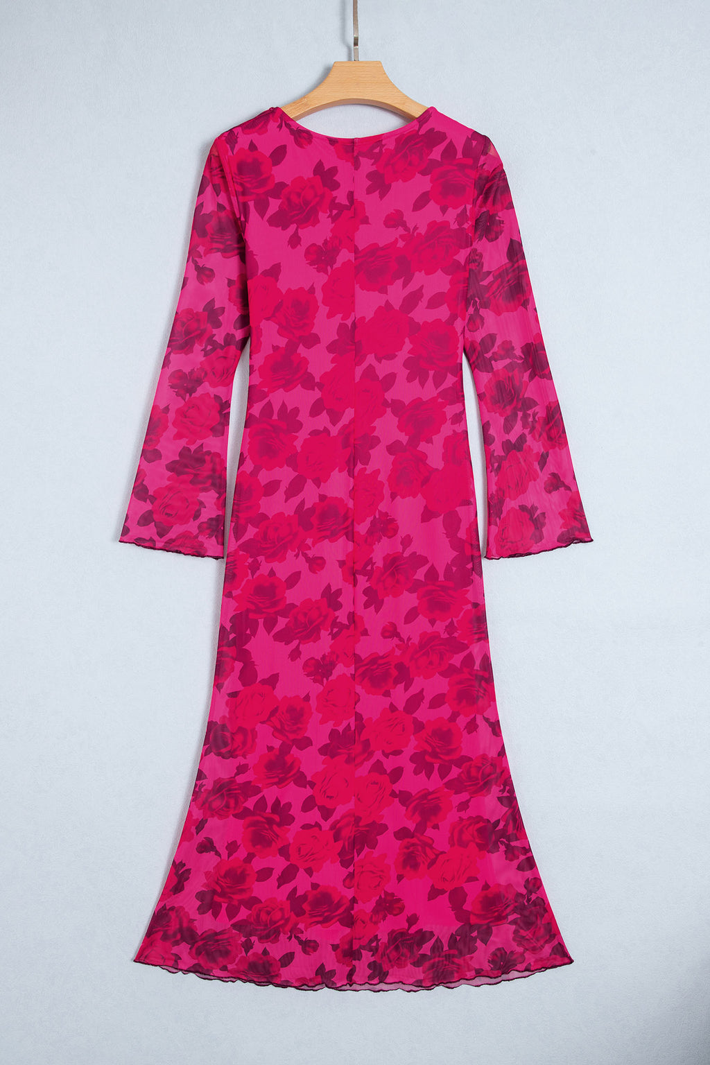 Red Floral Print Cuff Hem Serging Long Sleeve Sheath Dress
