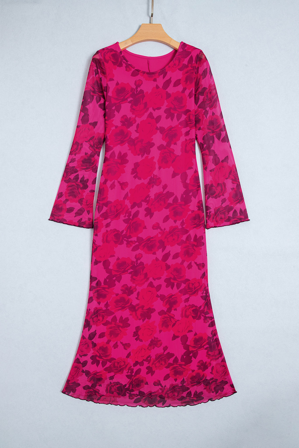 Red Floral Print Cuff Hem Serging Long Sleeve Sheath Dress