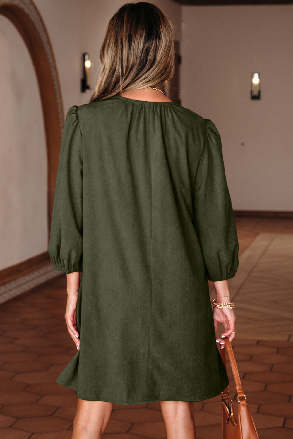 Cinnamon Bracelet Sleeve Split Neck Scallop Detail Pleated Corduroy Mini Dress