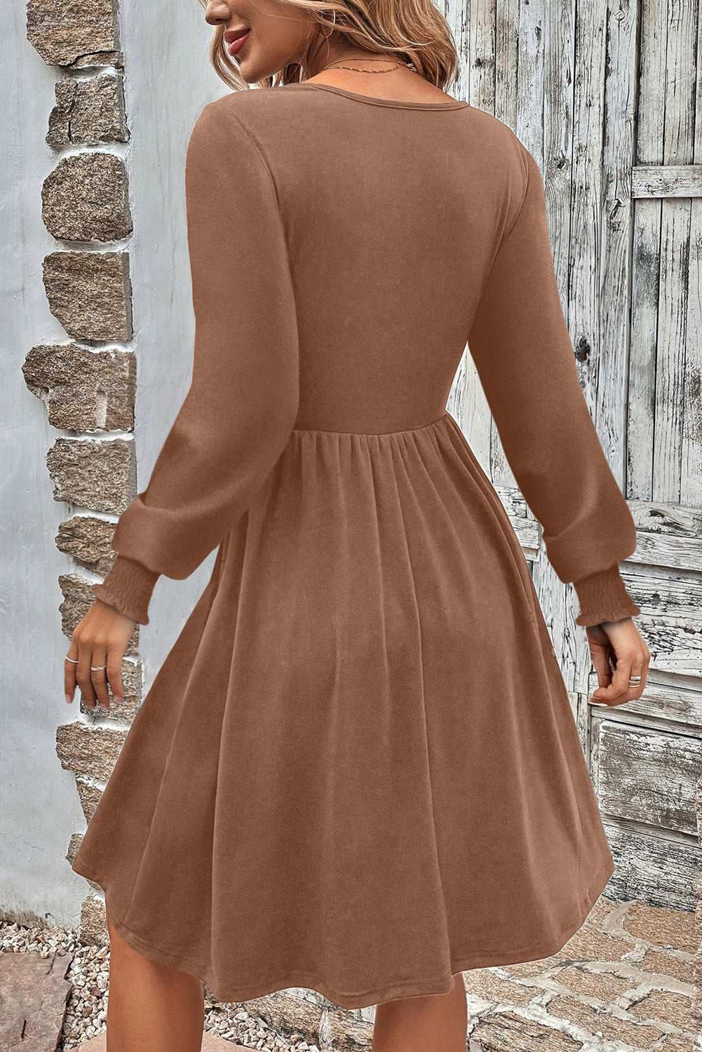 Canton Shirred Cuff Long Sleeve Button Round Neck Mini Dress