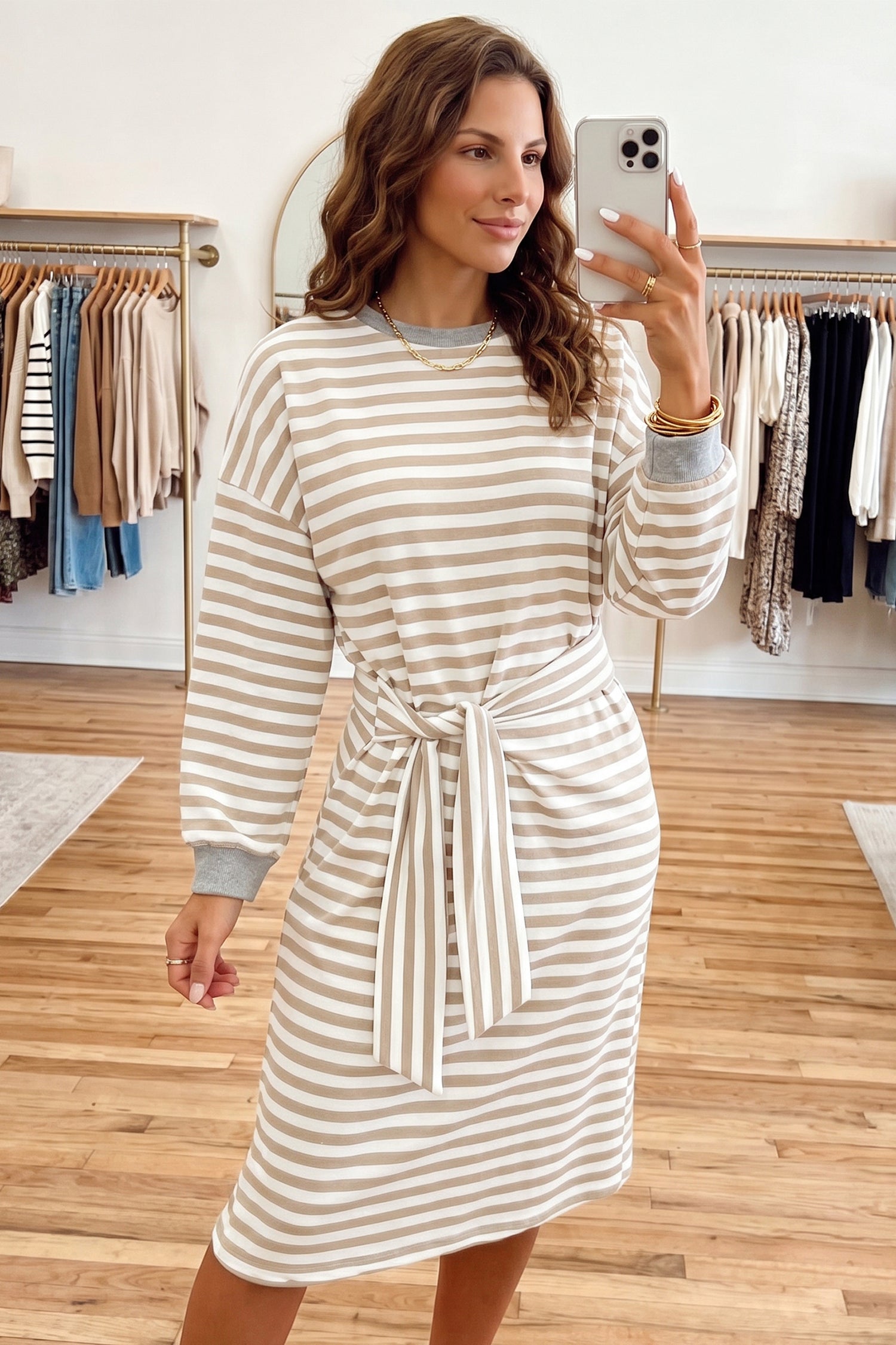 Brown Stripe Striped Colorblock Cuffs Round Neck Long Sleeve Shift Dress