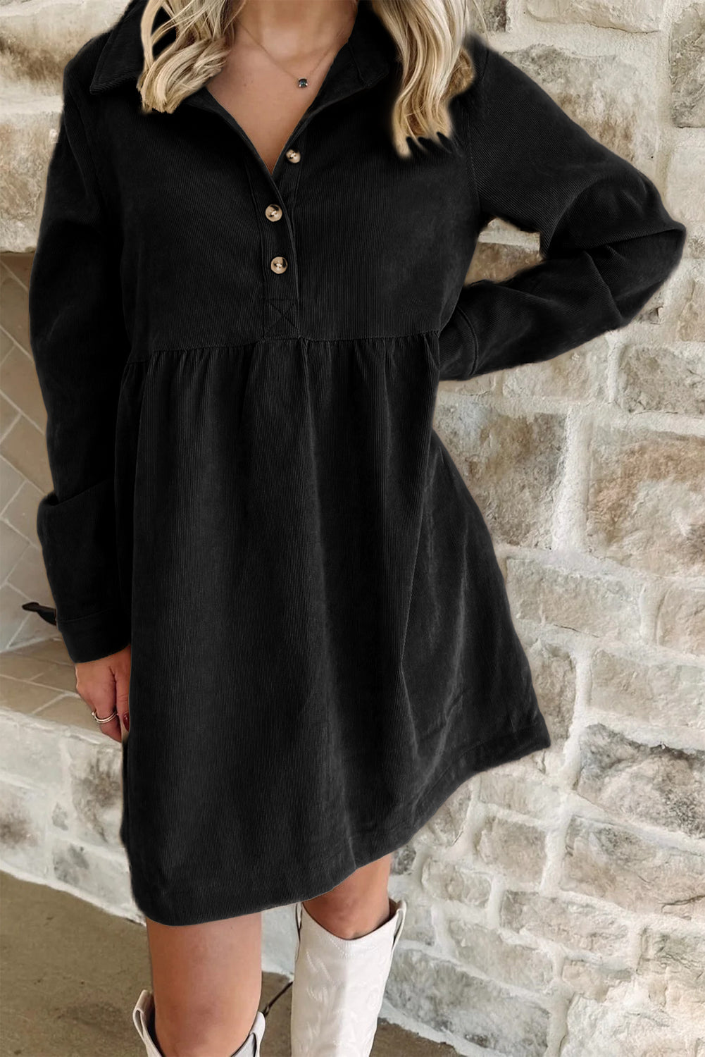 Dearlovers Oatmeal Corduroy Half Button Collared Long Sleeve Mini Dress