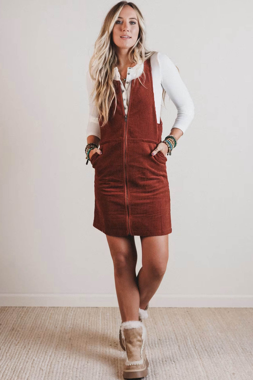 Clay Ribbed Corduroy Zip-Up Sleeveless Pocket Sheath Dress