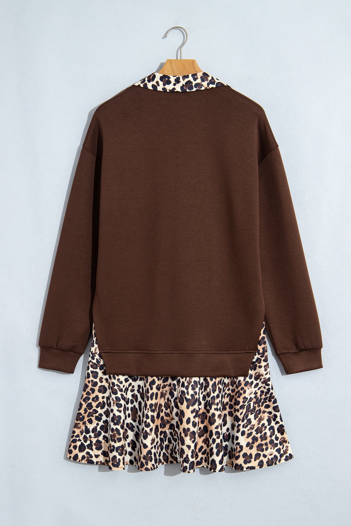 Coffee Leopard Patchwork Collar Long Sleeve Dress