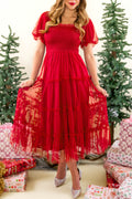 Fiery Red Tiered Tulle Smocked Bodice Puff Sleeve Dress