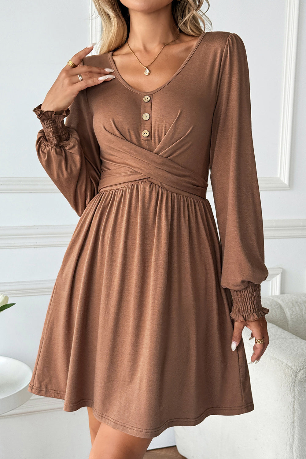 Canton Shirred Cuff Long Sleeve Button Round Neck Mini Dress